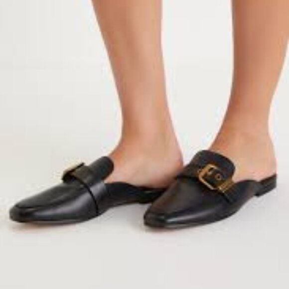 Dolce & Vita Black Leather Mules Slides w/ Gold Buckles Size 8 1/2 - Picture 1 of 7